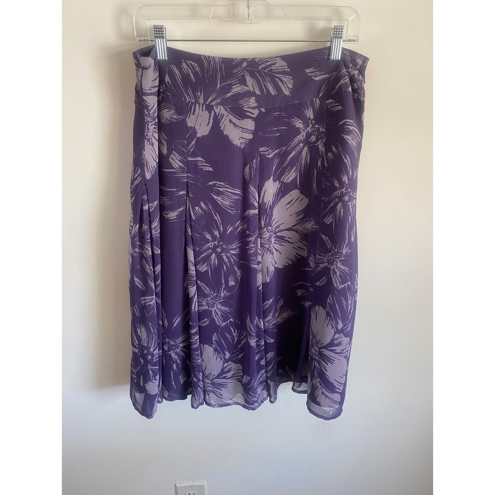 Hillard & Hanson Purple Floral A-Line Skirt Womens 8 Pleated Chiffon Knee Length